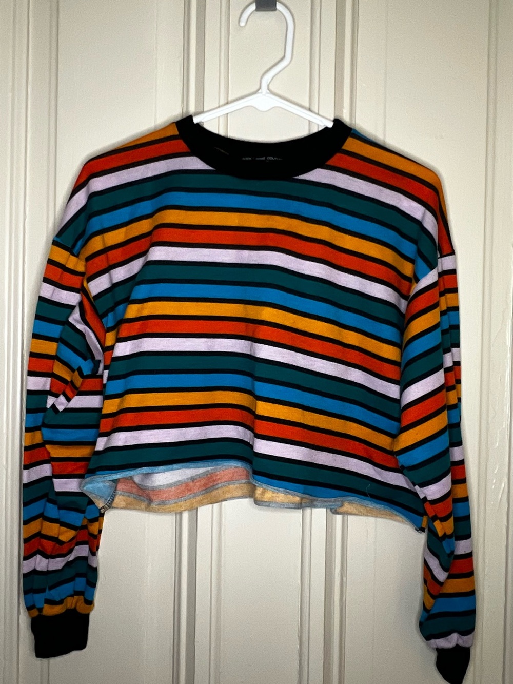 Cropped Multicolor Striped Crew Neck Sweater - Black Trim